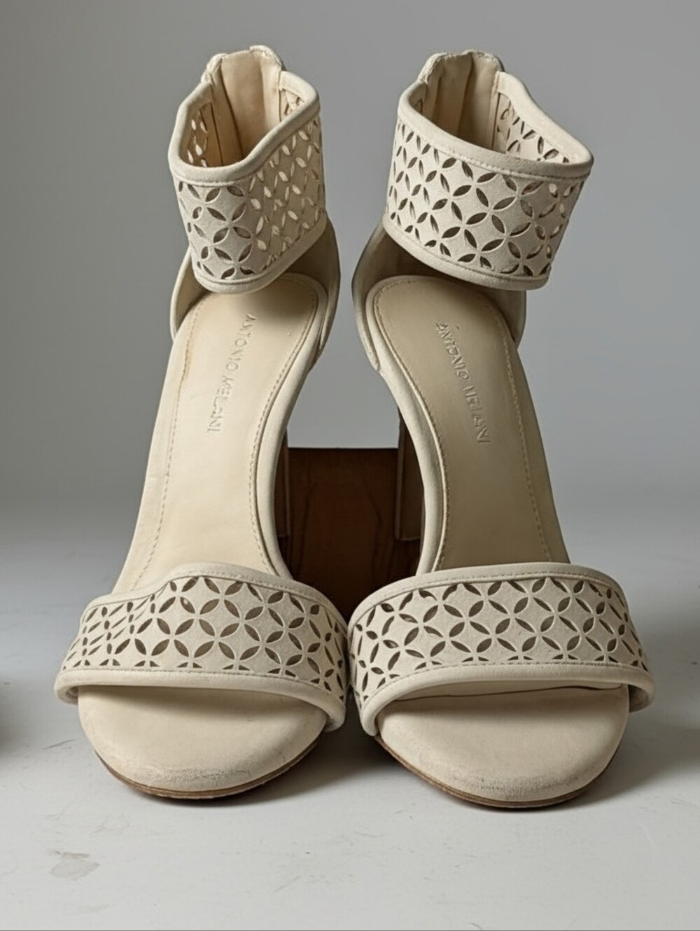 ANTONIO MELANI Nude Suede Laser Cut Ankle Strap Heeled Sandals Size 8.5M